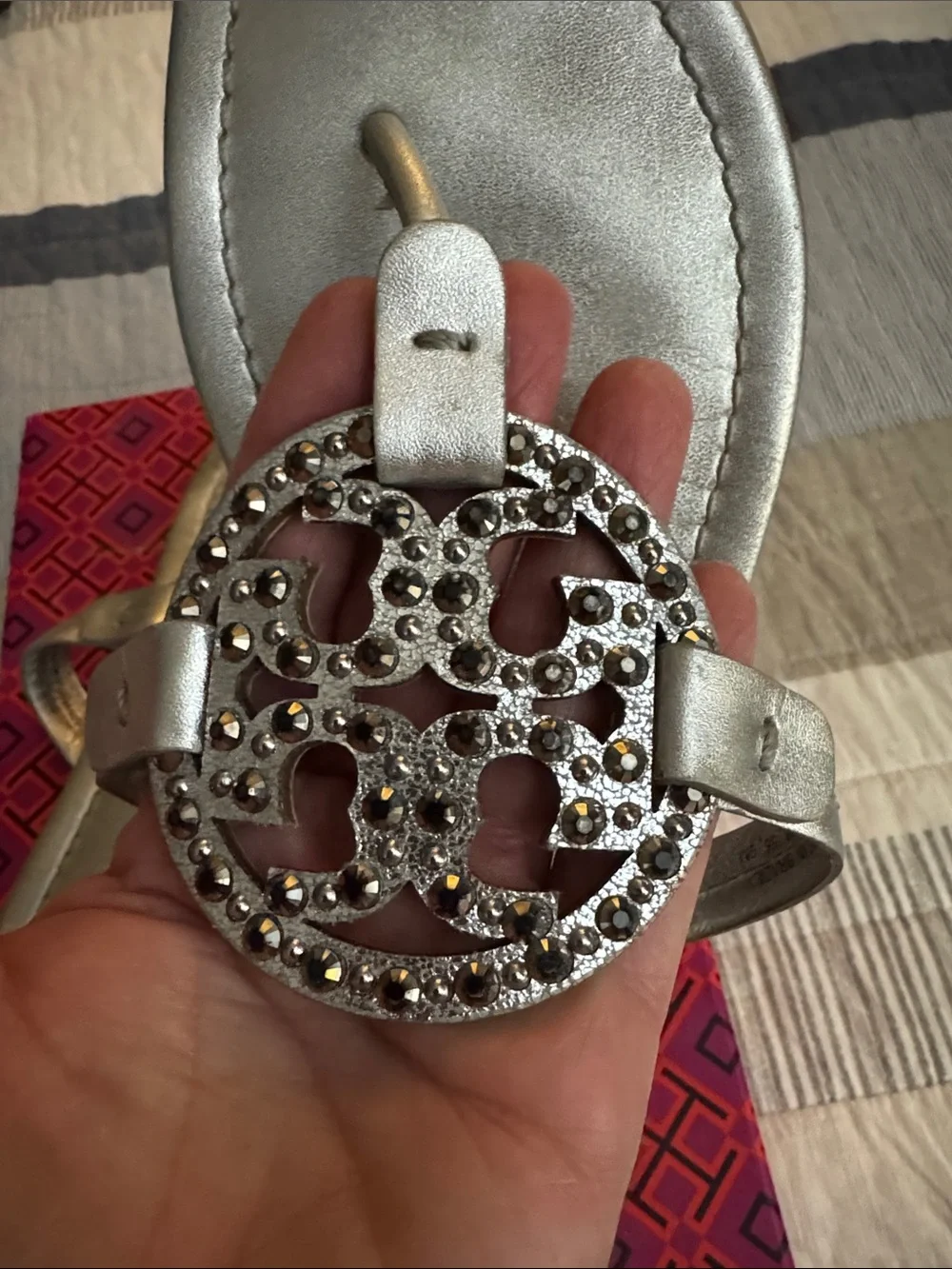 Tory Burch Metallic Silver Logo Medallion Thong Sandals